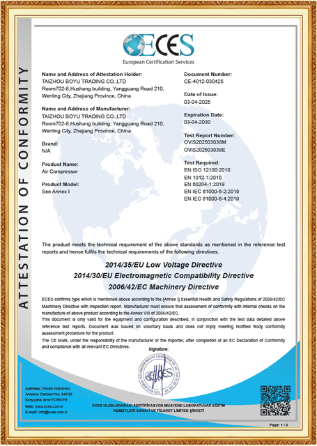 Air Compressor Quality Certificates